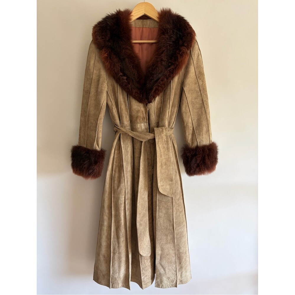 Vintage Rajac Leather Beige Suede Fur Long Belted Coat
